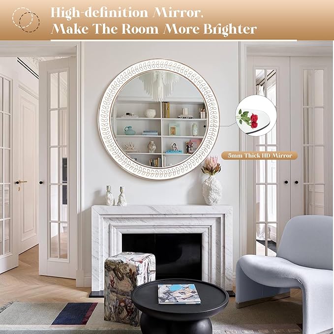 26 inch Round Mirrors for Wall Wood Circle Mirror with Carved Frame Rustic Accent Distressed Decorative for Living Room Bedroom Vanity Entryway Hallway Bathroom - White