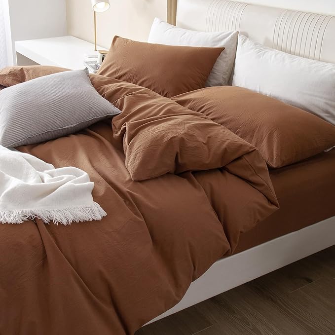 JIYUAN 100% Washed Cotton Duvet Cover Set 2 Pieces Twin, 1 Duvet Cover 68x90 Inches(Comforter Not Included) and 1 Pillowcases,Linen Feel Bedding Set Comfy and Breathable,Burnt Orange