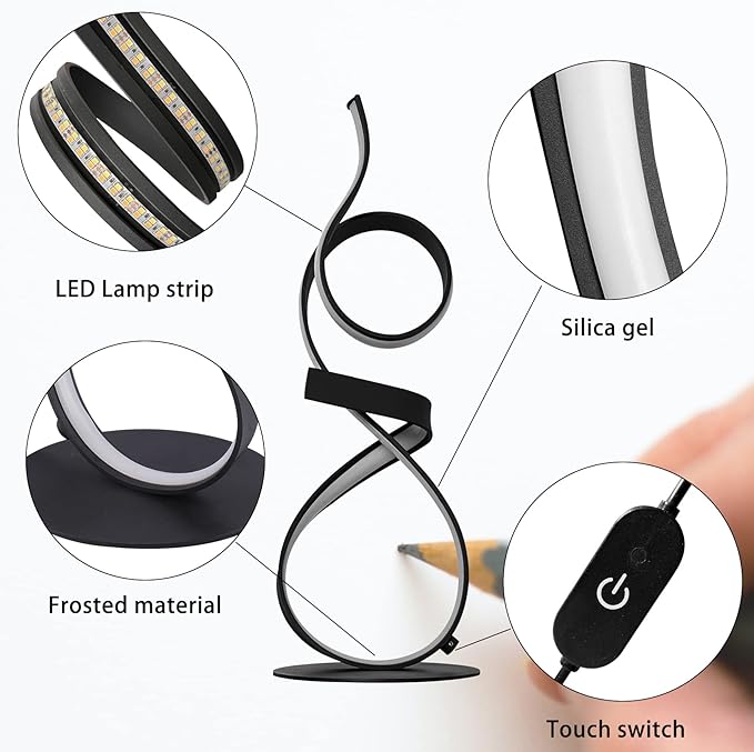 LED 3Color Touch Dimming Table Lamps,Knight Art lamp，Spiral lamp，Aluminum Touch Lamps Modern，Living Room Table Lights, Bedroom LED Bedside Light (Black)