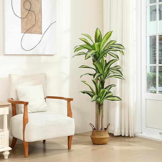Artificial Plants, 5 Ft Dracaena Tree Faux Plants Indoor Outdoor Decor Fake Tree with Woven Seagrass Basket Plants for Home Decor Office Living Room Porch Patio Housewarming 2 Pack