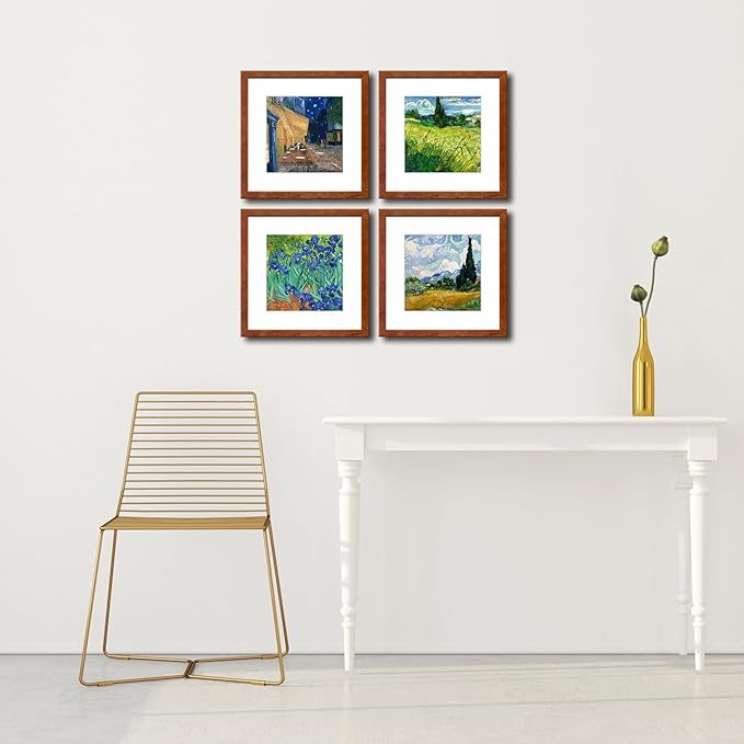 12x12 Picture Frame Set of 4 Made of Solid Wood Photo Frame with Real Glass for Pictures 8x8 with Mat or 12x12 without Mat, Wall Gallery or Tabletop display Frames, Brown