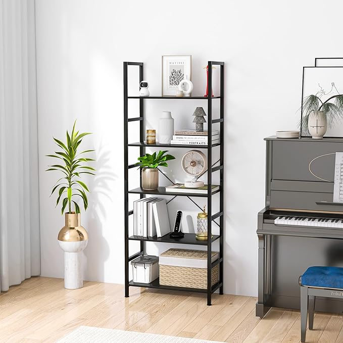 5 Tier Bookshelf Industrial Ladder Shelf Open Display Storage Rack Wood Bookcase with Metal Frame, Freestanding Storage Shelves for Home Office, Living Room, Bedroom, Kitchen (Black, 5-Tier)