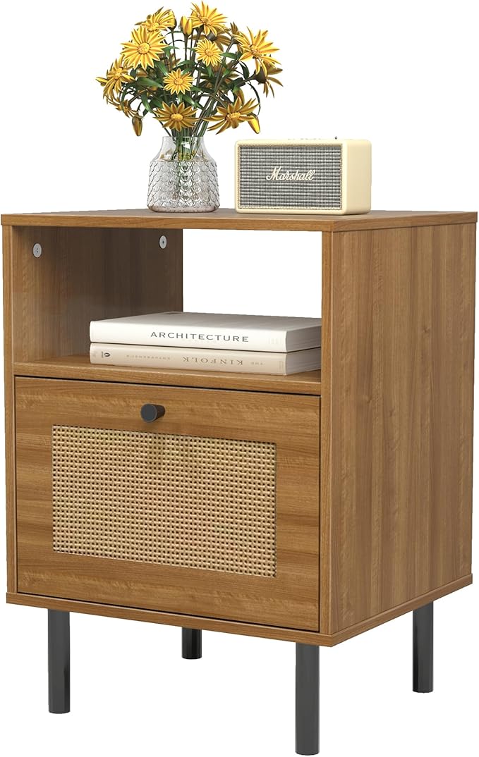 Rattan Nightstand with Storage Boho Modern Farmhouse Bedside Table with Drawer & Open Shelf Light Wood End Table for Bedroom, Living Room, Office, Dorm - Natural Walnut 0ak Color