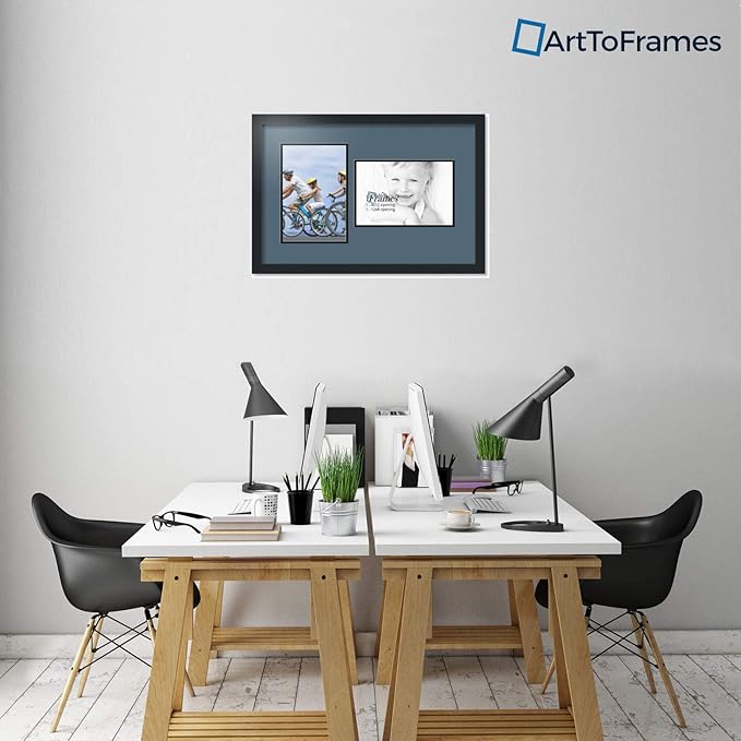ArtToFrames Collage Photo Frame Double Mat with 2-8x12 Openings with Satin Black Frame and Dutch Blue mat.