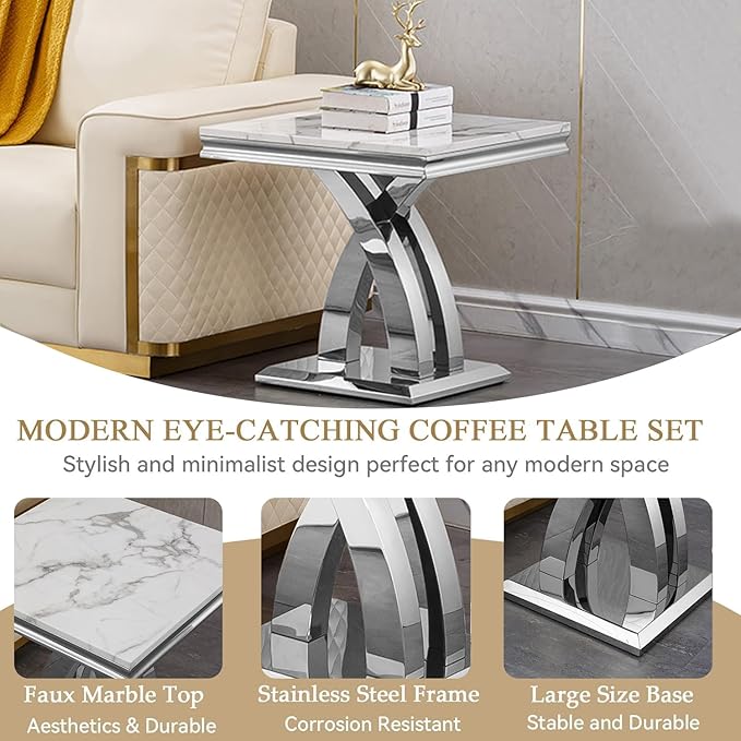 Modern Marble End Table, White and Silver Side Table with X Stainless Steel Base, Luxury Faux Marble Top Accent Bed Side Table Sofa Table for Living Room, Bedroom
