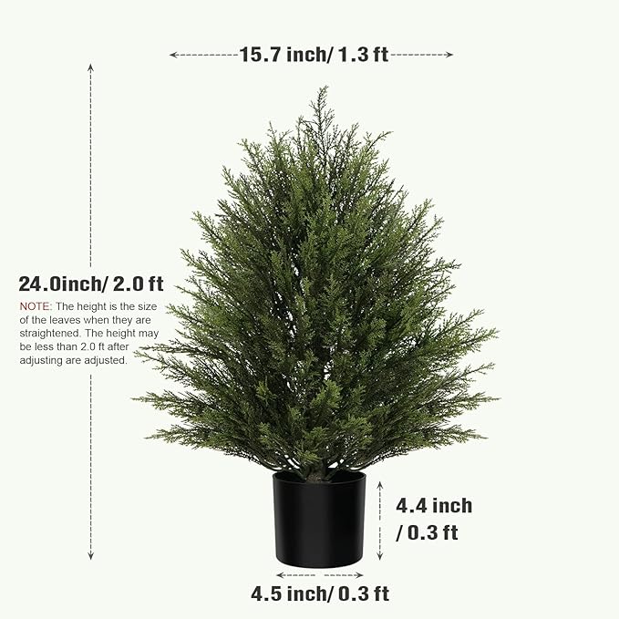 2FT Artificial Cedar Trees Set of 2, Realistic Faux Evergreen Topiary Bushes Plants, Outdoor Potted Fake Cypress Shrubs for Front Porch Garden Home Living Room Decor