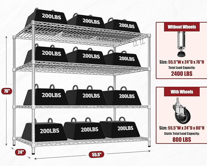 PrimeZone 4 Pack Storage Shelves 55.5"W x 24"D x 76"H 4 Tier with Wheels, Adjustable Wire Shelving Garage Heavy Duty Shelves Unit, Rolling Metal Organizer Shelf Utility Rack Warehouse, Pantry, Chrome