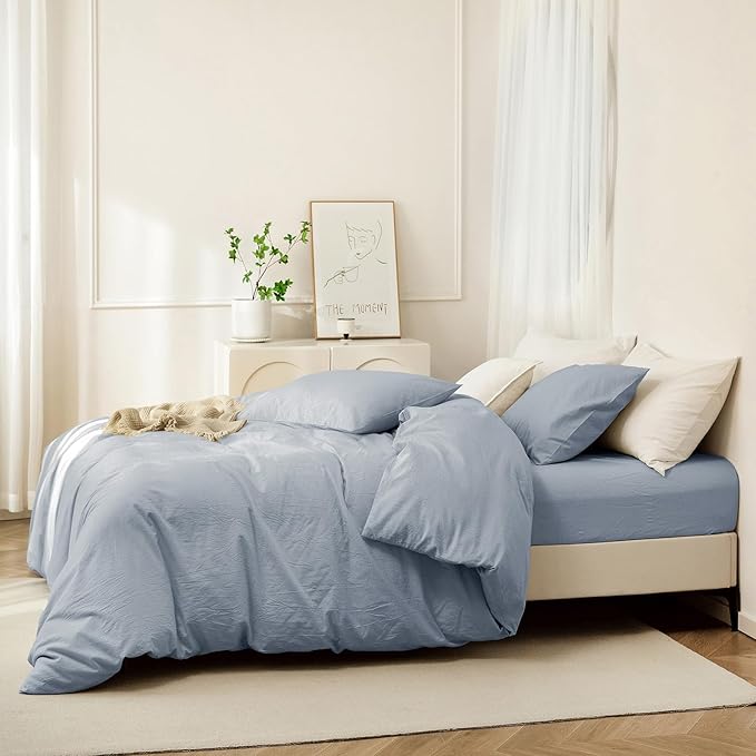 JIYUAN 100% Washed Cotton Duvet Cover Set 3 Pieces Super Queen, 1 Duvet Cover 90x98 Inches(Comforter Not Included) and 2 Pillowcases,Linen Feel Bedding Set Comfy and Breathable, Heathered Light Blue