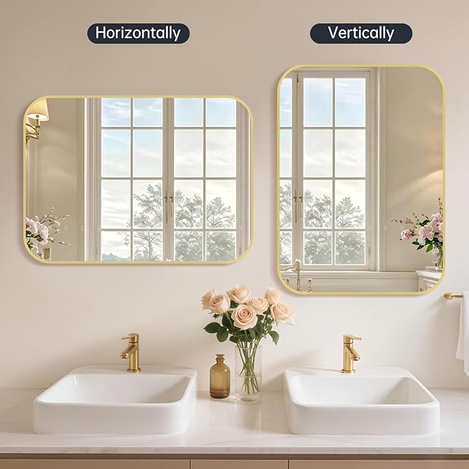 16x24 Inch Bathroom Mirror for Wall,Gold Framed Rectangle Mirror with Rounded Corner,Aluminum Alloy Framed Brushed Wall Mirror for Bedroom or Living Room,Vertical or Horizontal