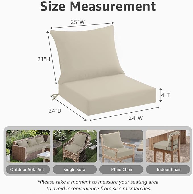 Outdoor Seat Cushion Set 24 x 24 x 4 Inch, Waterproof & Fade Resistant Patio Furniture Cushions with Removable Cover, Thick Deep Seating Pads for Outside Chair Sofa Couch