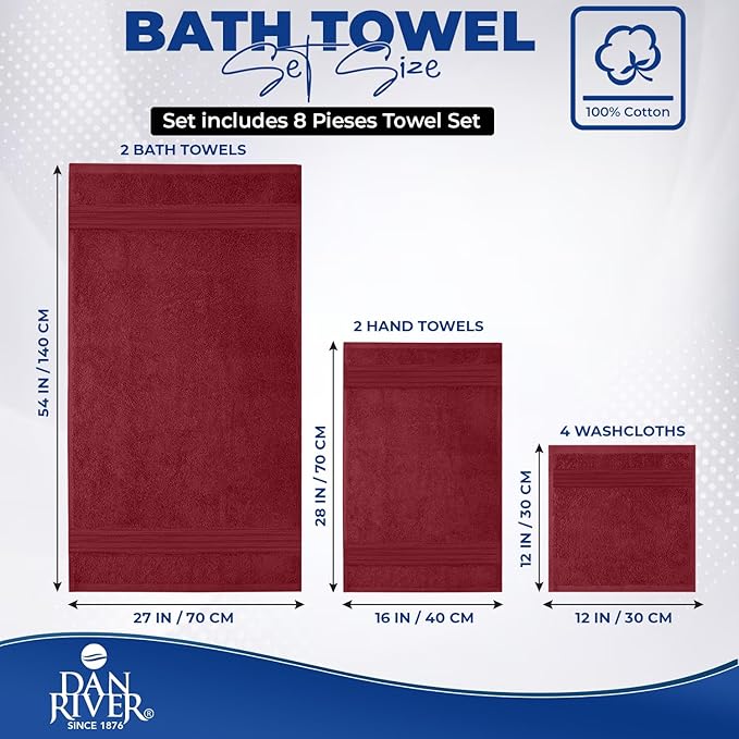 DAN RIVER 8 PC Luxury Bath Towels for Bathroom, 2 Bath, 2 Hand, and 4 Wash Cloths, 600 GSM 100% Ring Spun Cotton Towel Set, Highly Absorbent, Gym, Hotel, and Spa, Pomegranate
