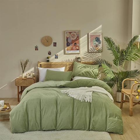 Pureant Sage Green Velvet Comforter Sets Full Light Green Fluffy Bedding Solid Color Flannel Quilt Women Men Grass Green Comforters Micromink Sherpa Fuzzy Warm Bed Girls Boys Dorm Plush Bedding Soft