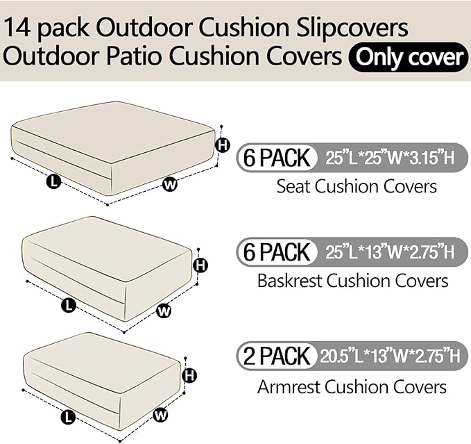 14Pieces Patio Cushion Covers Replacement,Waterproof Outdoor Cushions Covers for 6-Seaters Sofa,Slipcovers Set with Zippers,Washable Cover Only(Black Gray+White)