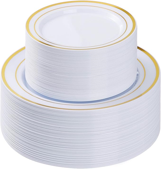 100PCS Gold Plastic Plate, Disposable Party Plates with 50 Dinner Plates and 50 Dessert Plates, Plastic Plate for Parties, Wedding and Birthday