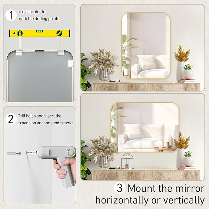 16x20 Inch Bathroom Mirror for Wall,Gold Framed Rectangle Mirror with Rounded Corner,Aluminum Alloy Framed Brushed Wall Mirror for Bedroom or Living Room,Vertical or Horizontal