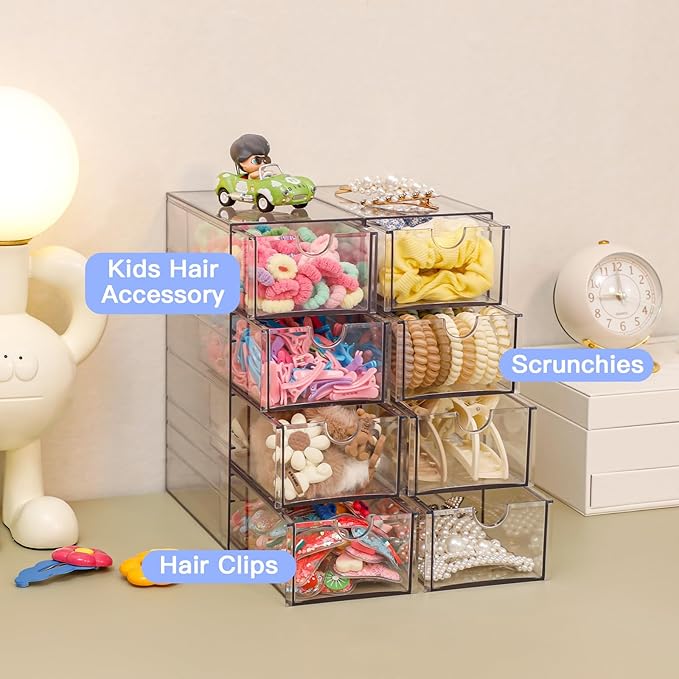 FABROK Clear Hair Accessory Organizer Box with 4 Drawers, Compact Storage Organization Drawers Set for Cosmetics, Glasses, Stationery, Stackable Storage Containers Box for Bathroom, Closet, Desk, Office