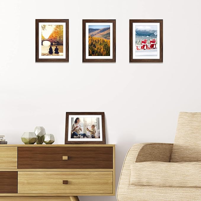 Giftgarden Brown 5x7 Picture Frame Set of 4, 6x8 Matted to 5x7 Photo Rustic Walnut Frames with Mat for Wall or Tabletop