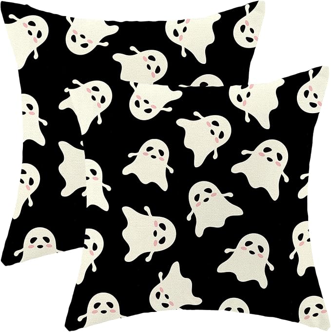 Halloween Decor Pillow Covers 18x18 Pack of 2 Black Beige Cute Ghost Throw Pillow Covers Outdoor Decoration,Fall Holiday Ghost Pillowcase Linen Decorative Cushion Case for Home Sofa Couch