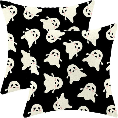 Halloween Decor Pillow Covers 18x18 Pack of 2 Black Beige Cute Ghost Throw Pillow Covers Outdoor Decoration,Fall Holiday Ghost Pillowcase Linen Decorative Cushion Case for Home Sofa Couch