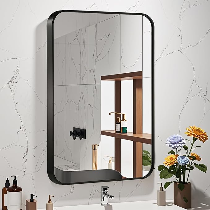 22x30 Inch Black Wall Mirror for Bathroom, Brushed Metal Framed Mirror with Rounded Corner, Rectangle Bathroom Vanity Mirror for Bedroom or Living Room, Horizontal/Vertical