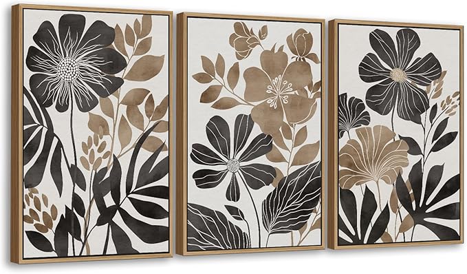 Large Framed Canvas Wall Art - Natural Float Framed Rustic Black Flowers Leaves Pictures Decor Brown Floral Foliage Artwork for Bedroom Living Room Kitchen Home Office Decoration 72" X 36" Set of 3