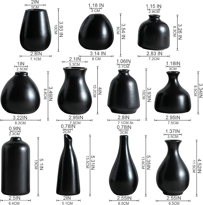 Ceramic Bud Vases, Black Mini Vase Set of 11, Small Pottery Vases for Flowers Mini Ceramic Vases for Pampas Grass Vase Bulk for Wedding Table Centerpieces Decoration Boho Home Decor