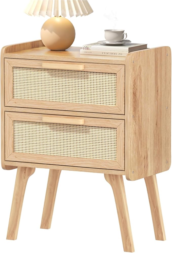 Lerliuo Rattan Nightstand, Boho Night Stand with 2 Drawers, Cane Accent Side End Table, Bedside Table with Solid Wood Legs for Bedroom, Dorm and Small Spaces (Natural)