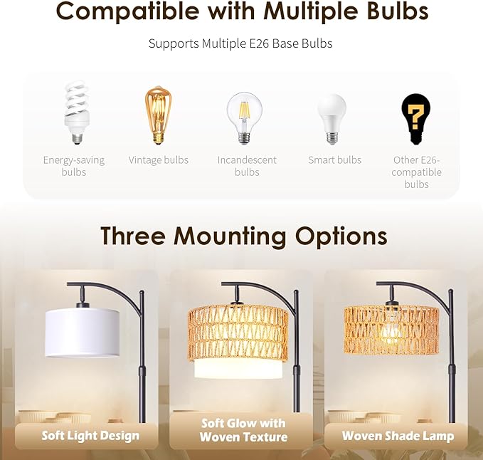 Bohemian Rattan Floor Lamp for Living Room - Black Arc Design, 12W LED (1 in use + 1 Spare), Remote & Dimmable 3 - Color Temp, Tall Standing Lamp