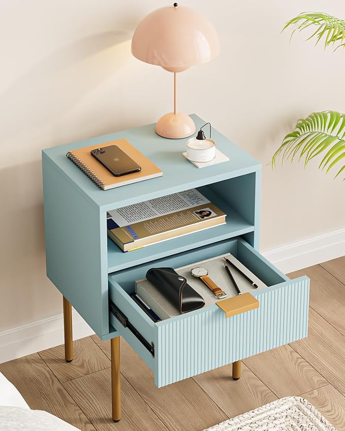 Nightstand,Morden Bedside Table with Gold Frame,Small White Night Stand,End Table,Bedside Furniture,Side Table with Drawer and Shelf for Bedroom,Living Room (1Drawer, Blue)