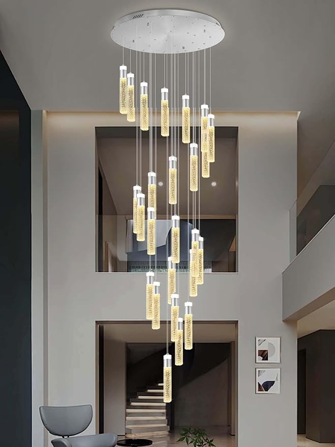 25-Light Silver Modern Crystal Raindrop Chandelier for Foyer Stair Well Entrance 130" Long Crystal Bubble Column Chandelier for Villa High Ceiling Lighting Fixtures LED Lampara, 3000k-6000K