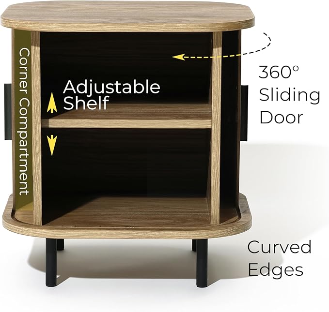 LuxenHome Mid Century Modern Nightstand with Storage, Small Fluted Nightstand with Sliding Door, Boho Bedside Table with Curved Edge, Oak Night Stand, Side Tables Bedroom