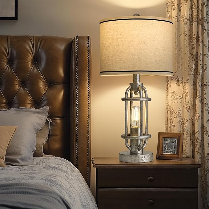 23.75'' Table Lamps Set of 2 for Living Room Bedroom Industrial Farmhouse Metal Touch Lamps with USB A+C Ports, Night Light Vintage Nightstand Bedside Lamp, Bulbs Included, Antique Silver