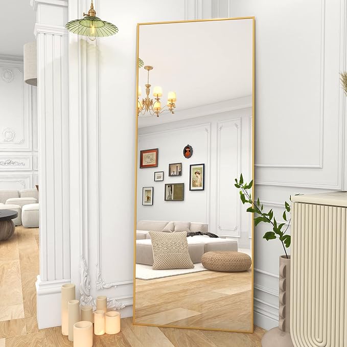 BEAUTYPEAK Gold Full Length Mirror, 58"x18" Standing Hanging or Leaning Against Wall Floor Mirrors Body Dressing Wall-Mounted for Living Room, Bedroom with Aluminum Alloy Thin Frame