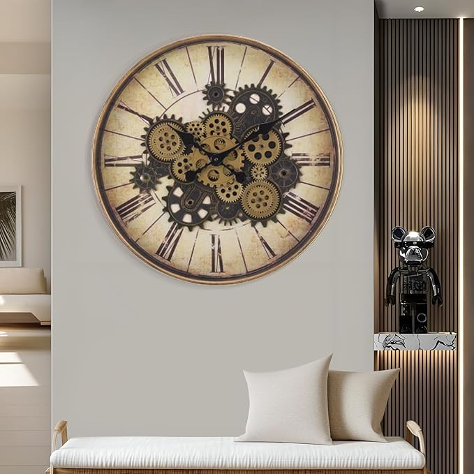 20 Inch Bronze Yellow Steampunk Wall Clock with Decorative Gears, Industrial Vintage Analog Clock for Living Room, Farmhouse, Office Decor, Silent Non-Ticking Battery Operated