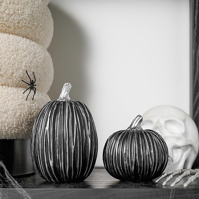 DN DECONATION Pumpkin Decorations for Fall and Halloween Indoor Home Decor, Black and Silver Faux Pumpkins–Fall Halloween Table Centerpiece, 2-Pack Resin Pumpkin for Thanksgiving Modern Farmhouse
