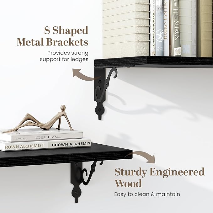 Fun Memories 40 Inch Floating Shelves Wall Mounted, 8 Inch Deep Wall Shelves with Bracket, Rustic Hanging Bookshelf, 40" Bookshelves for for Living Room, Kitchen and Bedroom, Black, Set of 2