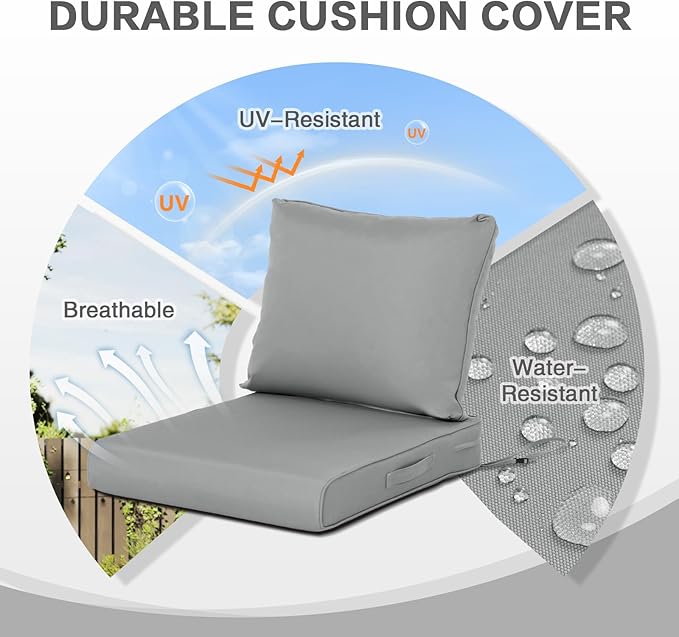 BPS 21x21 Inch Deep Seat Outdoor Cushions Set of 2, Gray Fade-Resistant and Water-Resistant Patio Chair Cushions for Wicker Chairs, Sofas, Love Seats