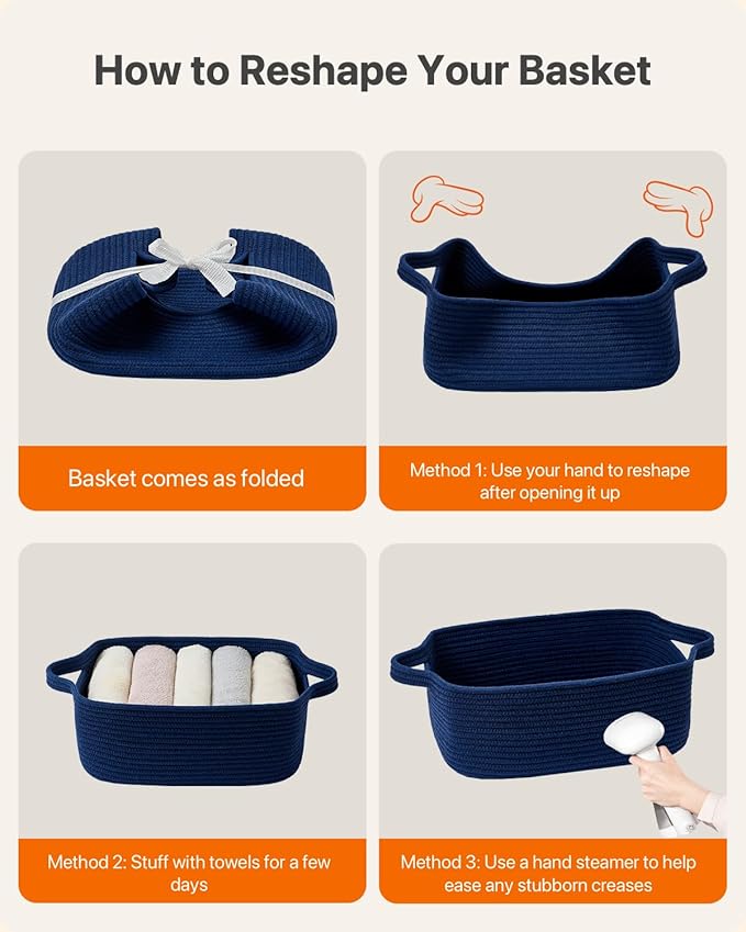 KALLAX Small Woven Basket, 14 x 10 x 5.6 Inches, Small Storage Baskets for Organizing, Gift Baskets Empty, Cute Rope Shelf Closet Storage Bins for Shelves, Dog Toy Basket, Navy Blue