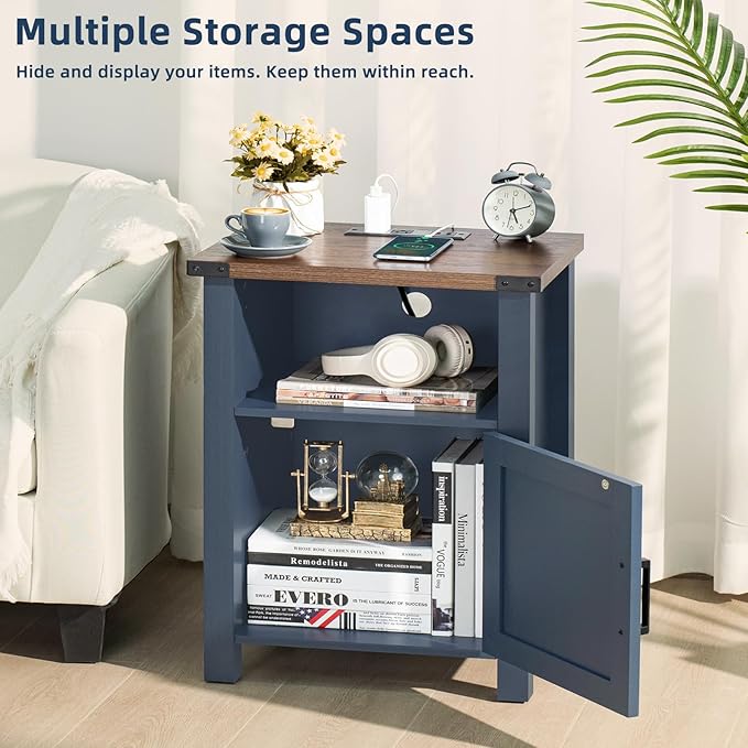 Night Stand Set of 2, 18 Inch Farmhouse Nightstand with with Charging Station and USB Port, Rustic Couch End Table with Magnetic Door, Wood Bed Side Tables for Bedroom, Home, Navy Blue