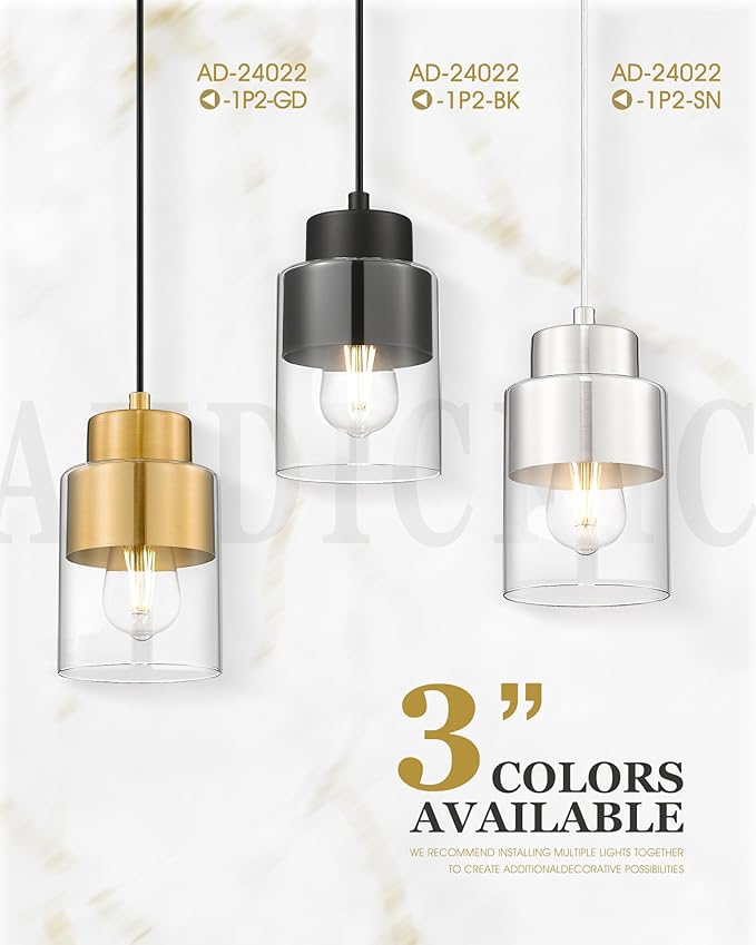 2-Pack Pendant Lights Kitchen Island, Dual Shade Hanging Lights Fixtures with Metal and Clear Glass, Modern Matte Black Kitchen Pendant Lighting Over Island for Dining Room, AD-24022-1P2-BK