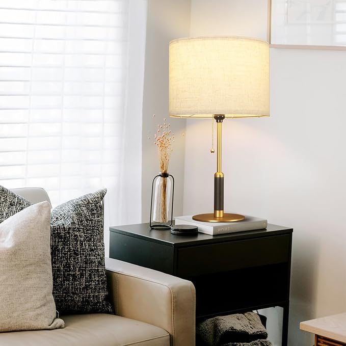 21" Modern Table Lamp Bedside Lamps for Bedroom Living Room Nightstand Lamp for End Tables 3-Color Temperatures Pull Chain Switch Wood Fabric for Home Office Desk Decor (Light Brown+Brass)
