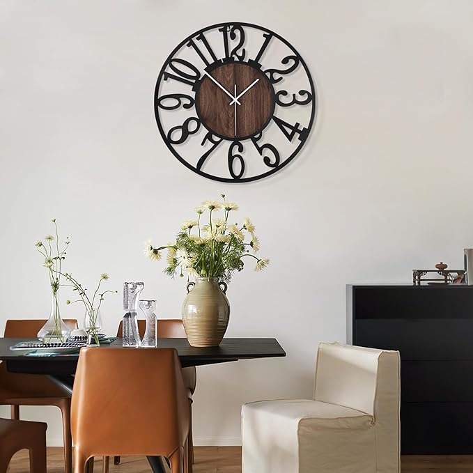 LEIKE Extra Large Wall Clocks,Silent Little Ticking,Battery Operated Vintage Round Modern Wood Wall Clock for Living Room, Bedroom,Farmhouse,Office Home Decor-32 Inch(Black-Arabic Number)