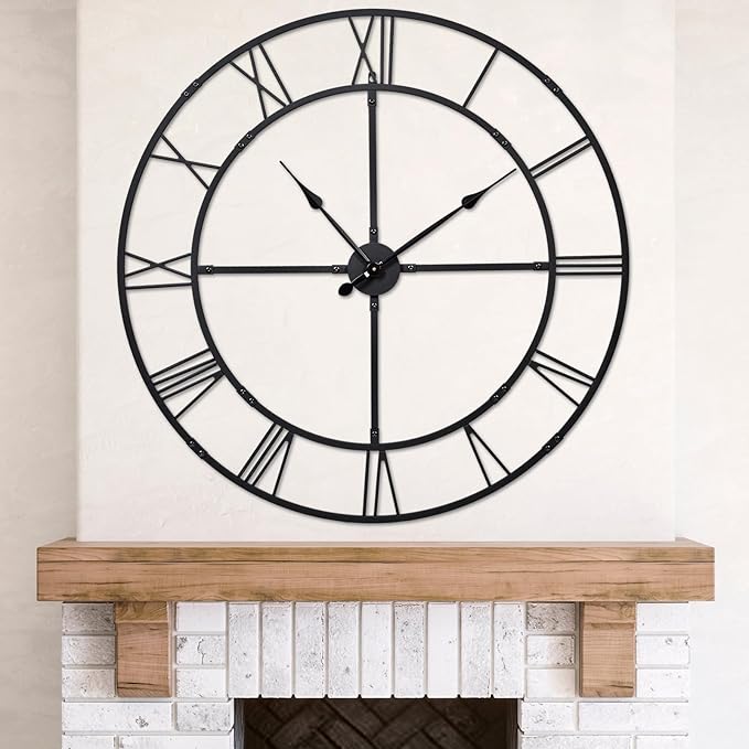 Large Wall Clock for Living Room Decor – 40 Inch Silent Non-Ticking Modern Farmhouse Wall Clock, Oversized Decorative Metal Roman Numeral Clock, Black