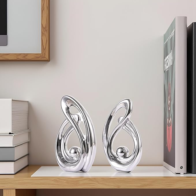 XMGZQ Home Decor Accent,Porcelain Art Mid Century Bookshelf Decorations,Gold Centerpieces for Tables,Abstract Ceramic Statue Sculpture for Coffee Table Mantel Tv Stand Centerpieces (Silver, Small)