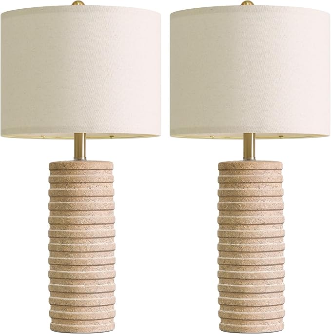 PoKat 27" Farmhouse Ceramic Table Lamps Set of 2 for Bedroom, Stone-Like Rustic Nightstands Lamps for Night Stands, Distressed Beige Bedside Lamps with Natural Textured for Living Room, Sand-Colored