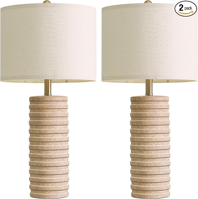 PoKat 27" Farmhouse Ceramic Table Lamps Set of 2 for Bedroom, Stone-Like Rustic Nightstands Lamps for Night Stands, Distressed Beige Bedside Lamps with Natural Textured for Living Room, Sand-Colored