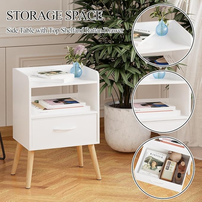 Narrow Nightstand with Open Shelf,Small Night Stand Bedroom Bedside Tables with Fabric Drawer Storage,Side Table End Table with Solid Wood Feet,Mid Century Night Stands for Home Sofa Couch(White)