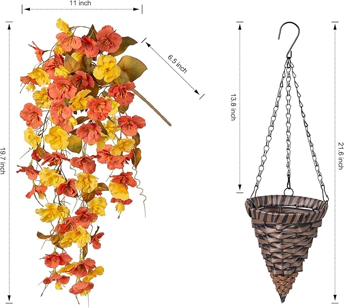 Ivydale Artificial Hanging Flowers with Basket for Outdoor Fall Decoration, Fake Hibiscus Vines Faux Plants Realistic Silk Flowers for Planters Outside Home Patio Porch Balcony, Fall YellowOrange