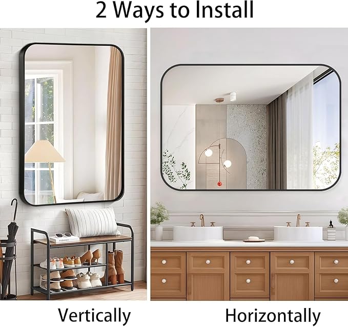 48x30 Inch Black Wall Mirror for Bathroom, Brushed Metal Framed Mirror with Rounded Corner, Rectangle Bathroom Vanity Mirror for Bedroom or Living Room, Horizontal/Vertical