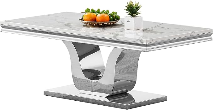 SSLine Rectangular Faux Marble Coffee Table for Living Room Modern Luxury White Marble Center Table with Silver Pedestal Base 46.8" Mid-Century Cocktail Table with Mirrored Stainless Steel Frame